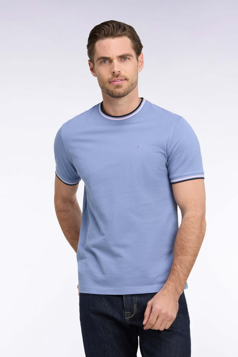 T-shirt manches courtes en coton bleu à bords-côtes rayés coupe droite - Image 3