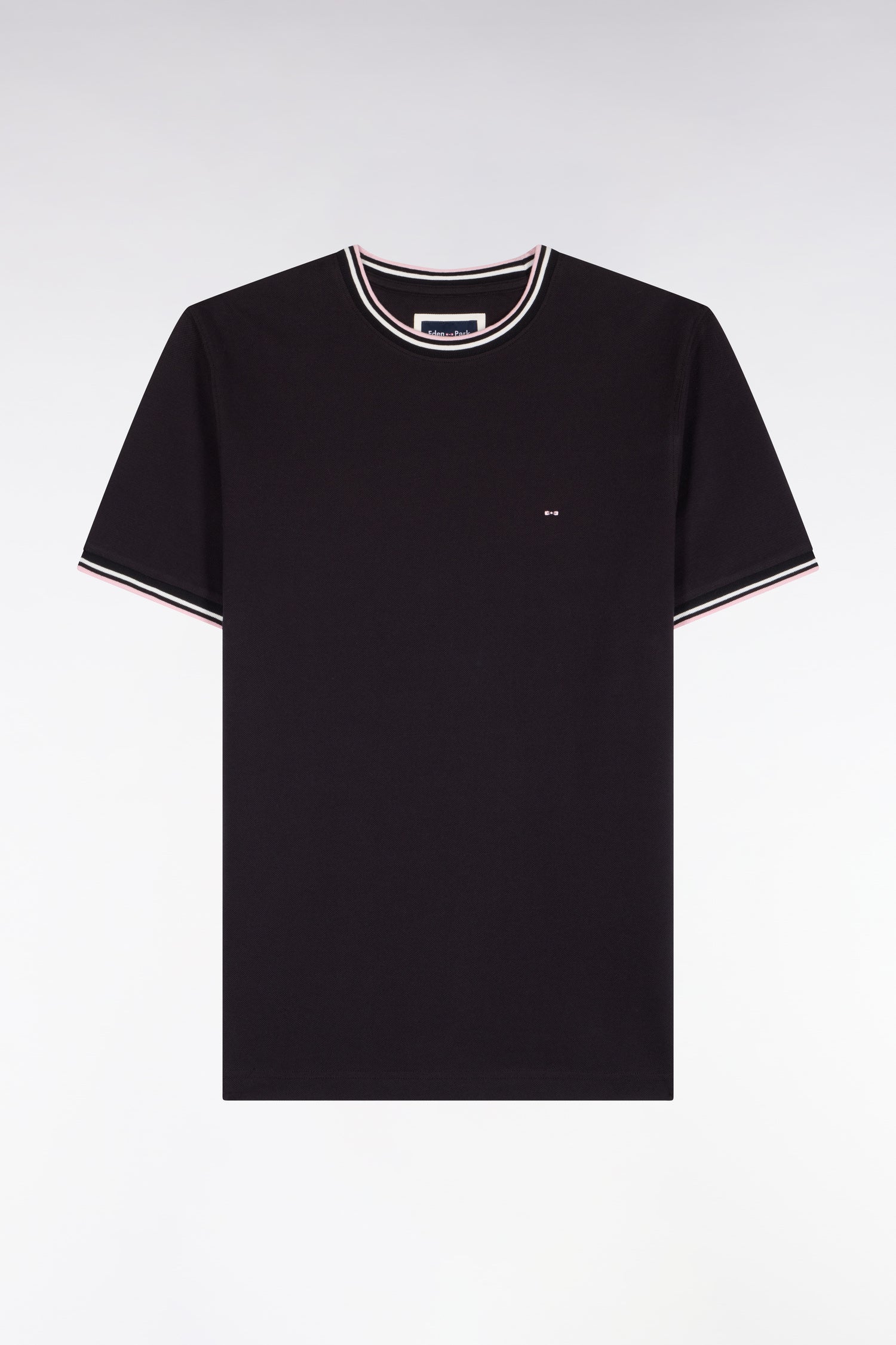 T-shirt manches courtes en coton noir à bords-côtes rayés coupe droite
