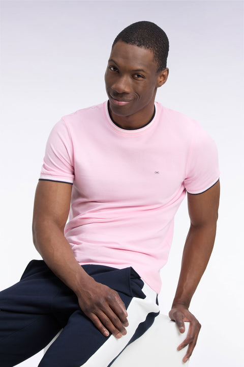 T-shirt manches courtes en coton rose à bords-côtes rayés coupe droite - Image 1