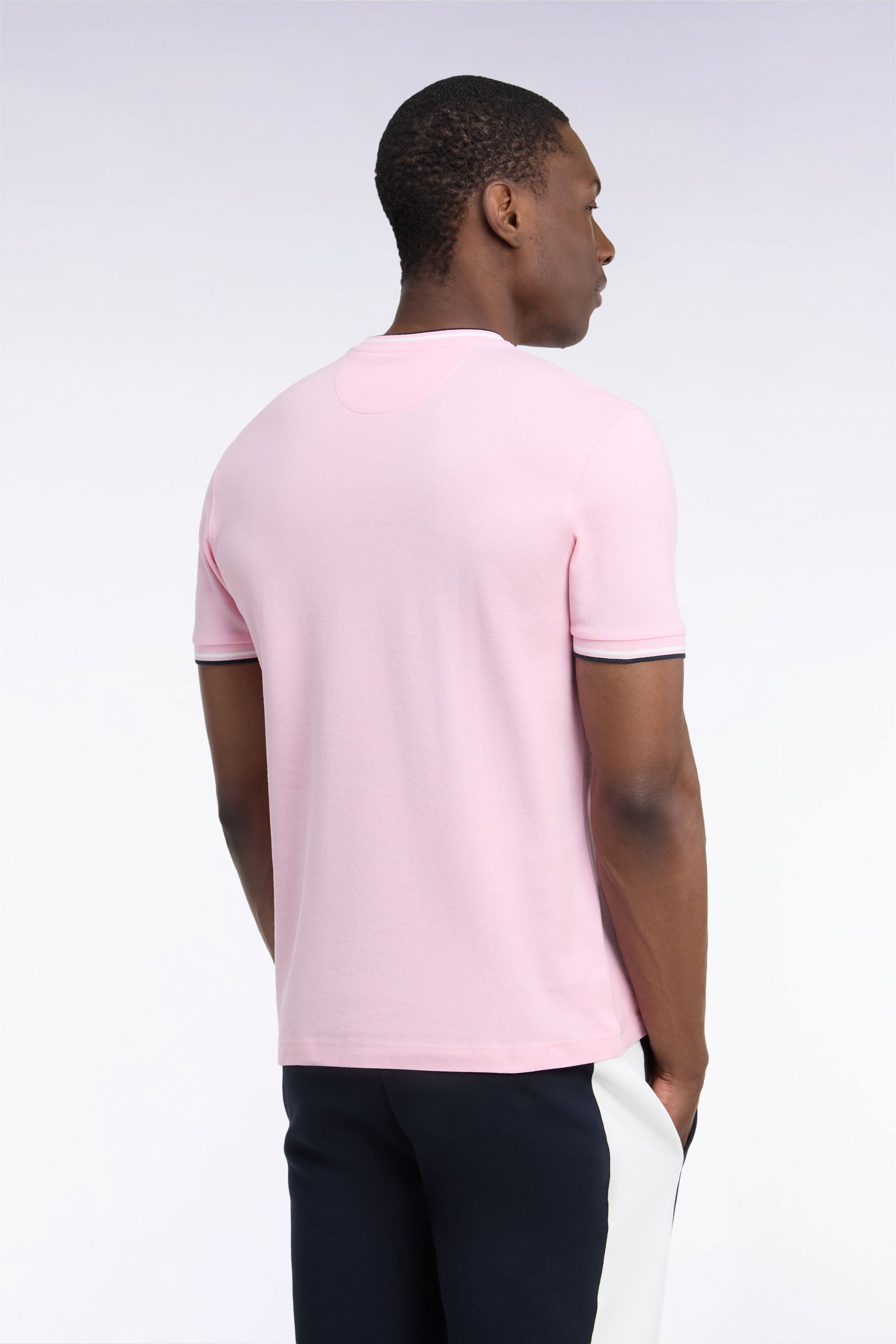 T-shirt manches courtes en coton rose à bords-côtes rayés coupe droite