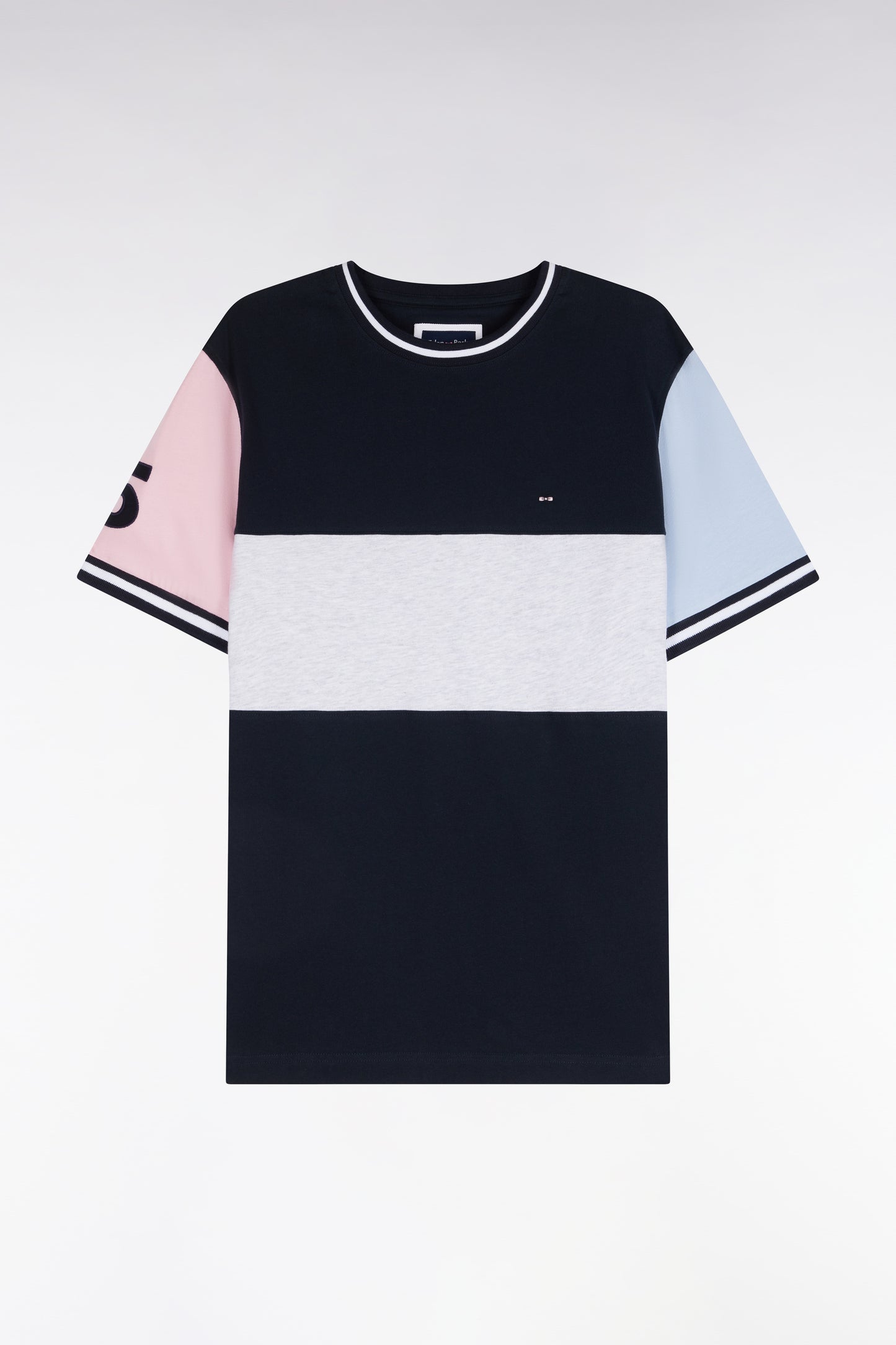 T-shirt manches courtes en coton marine à découpes contrastées coupe droite