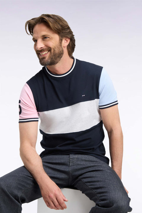 T-shirt manches courtes en coton marine à découpes contrastées coupe droite - Image 1