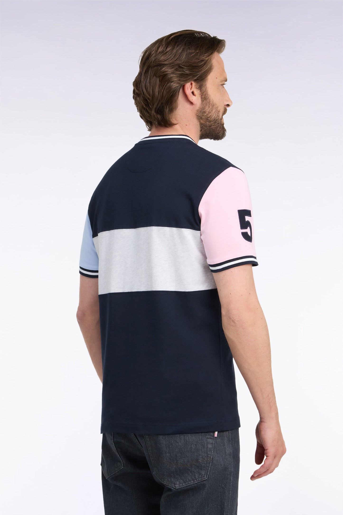T-shirt manches courtes en coton marine à découpes contrastées coupe droite