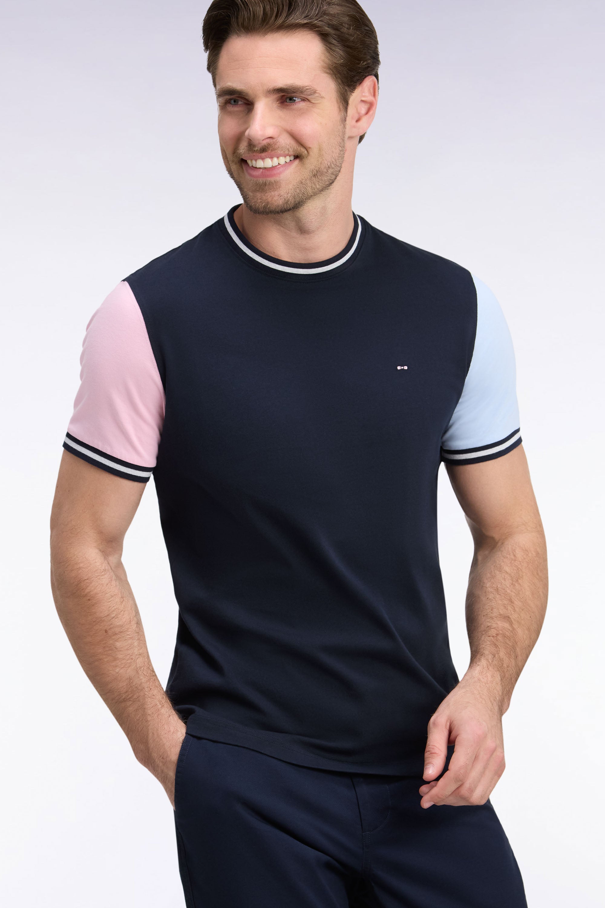 T-shirt manches courtes en coton tricolore coupe droite