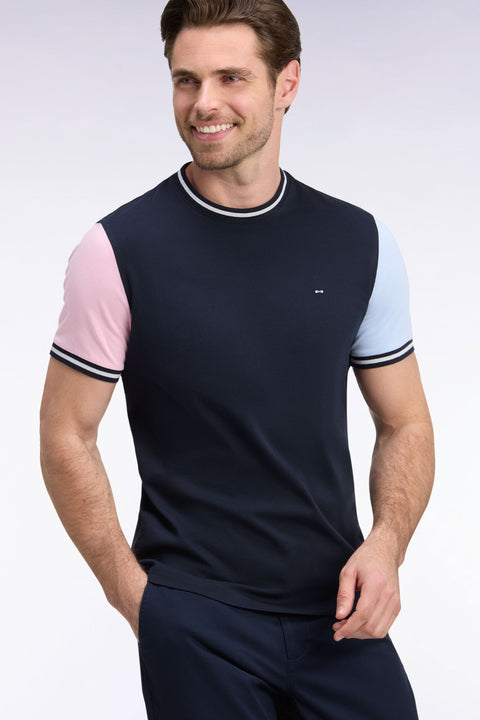 T-shirt manches courtes en coton tricolore coupe droite - Image 1