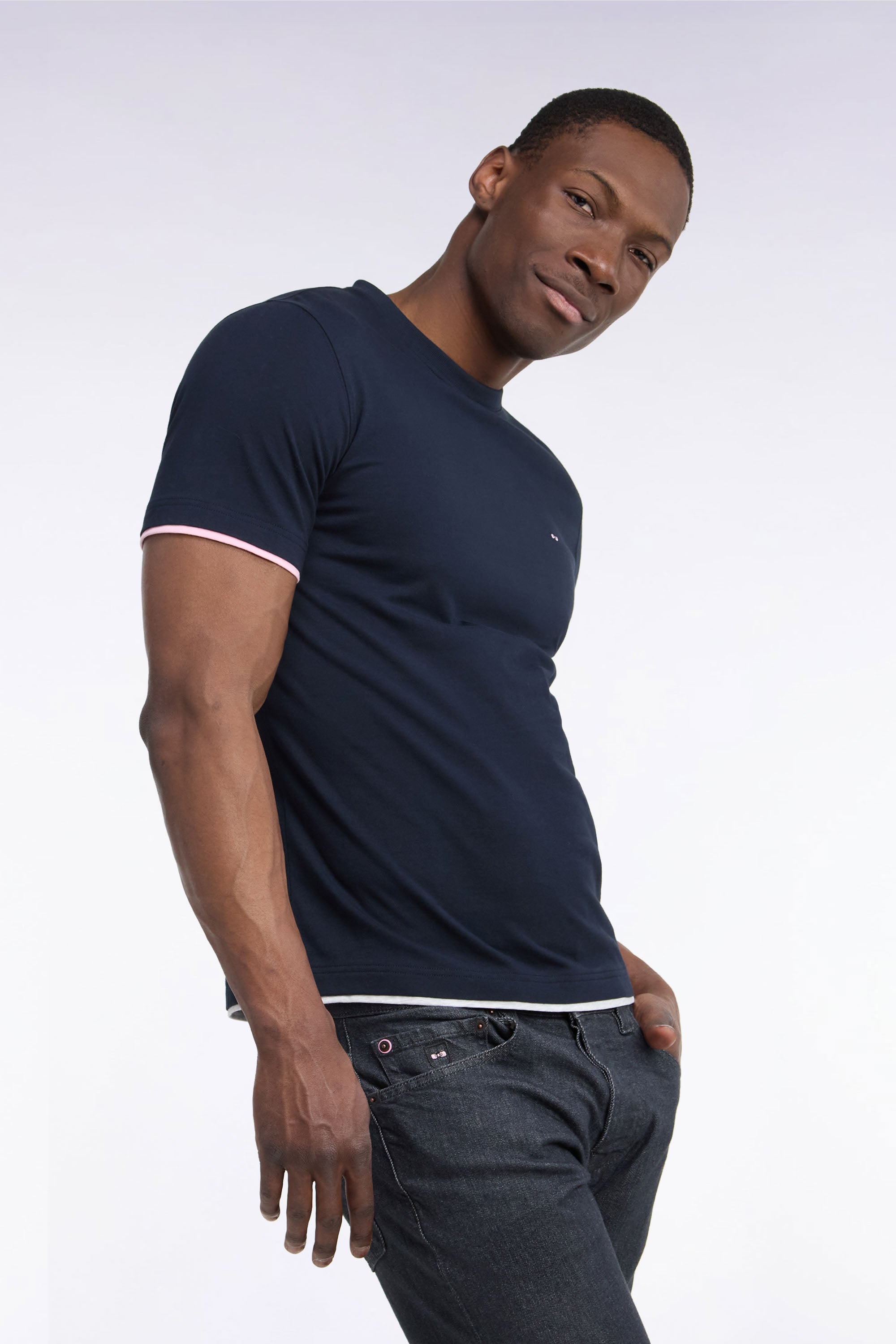 T-shirt manches courtes en coton marine sérigraphie dos coupe droite