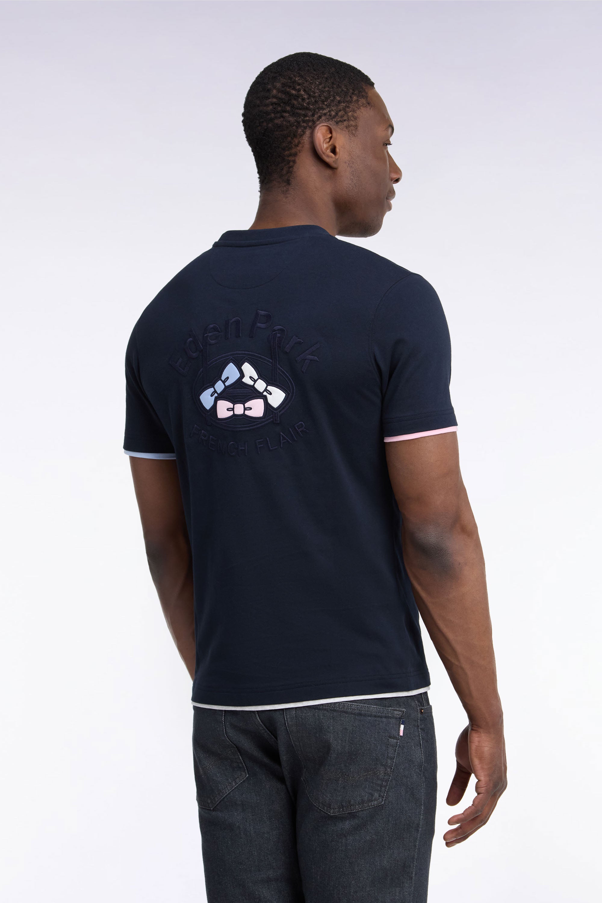T-shirt manches courtes en coton marine sérigraphie dos coupe droite