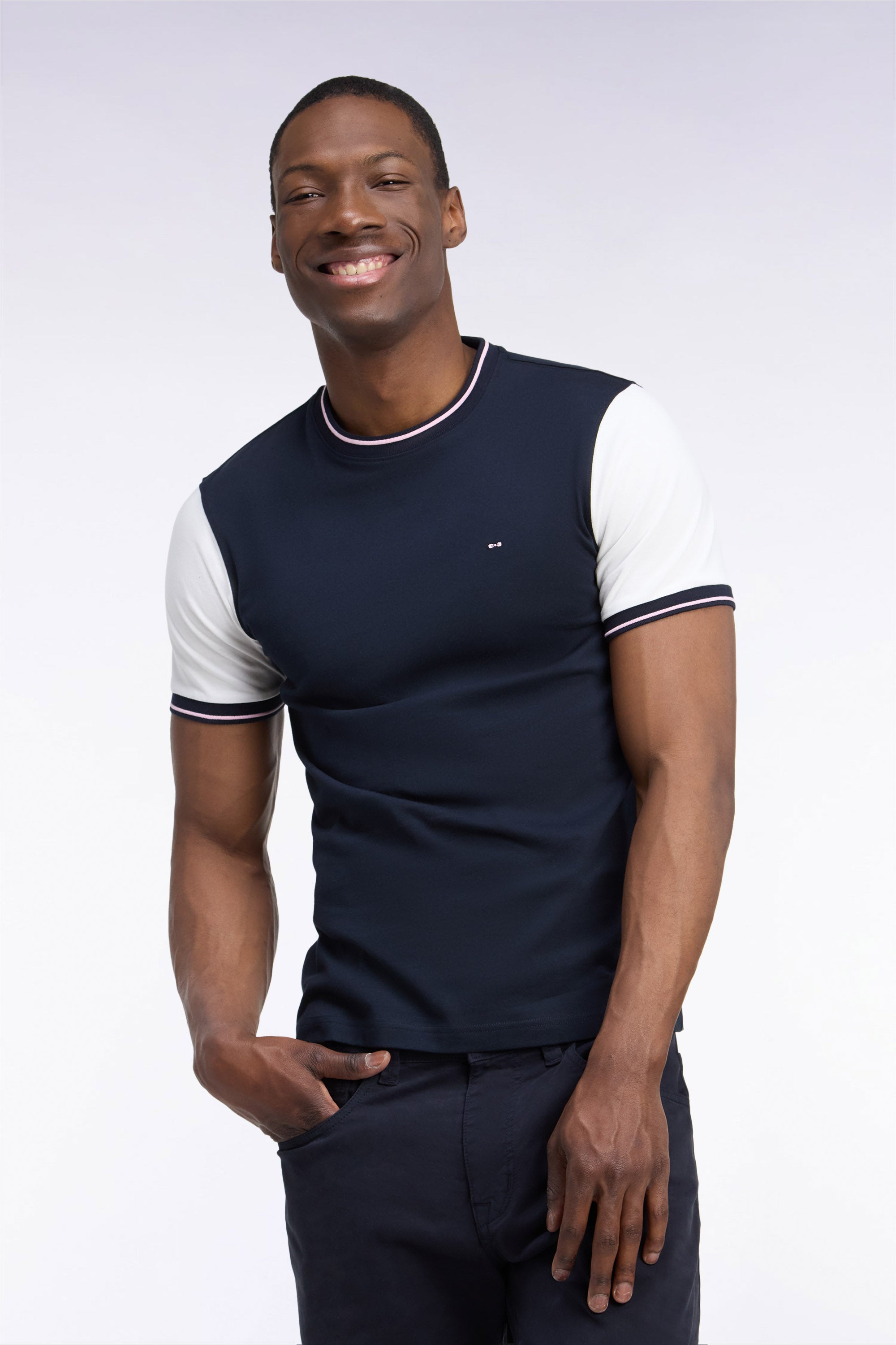 T-Shirt kurze Ärmel Marineblau mit manches écrues gerade Passform