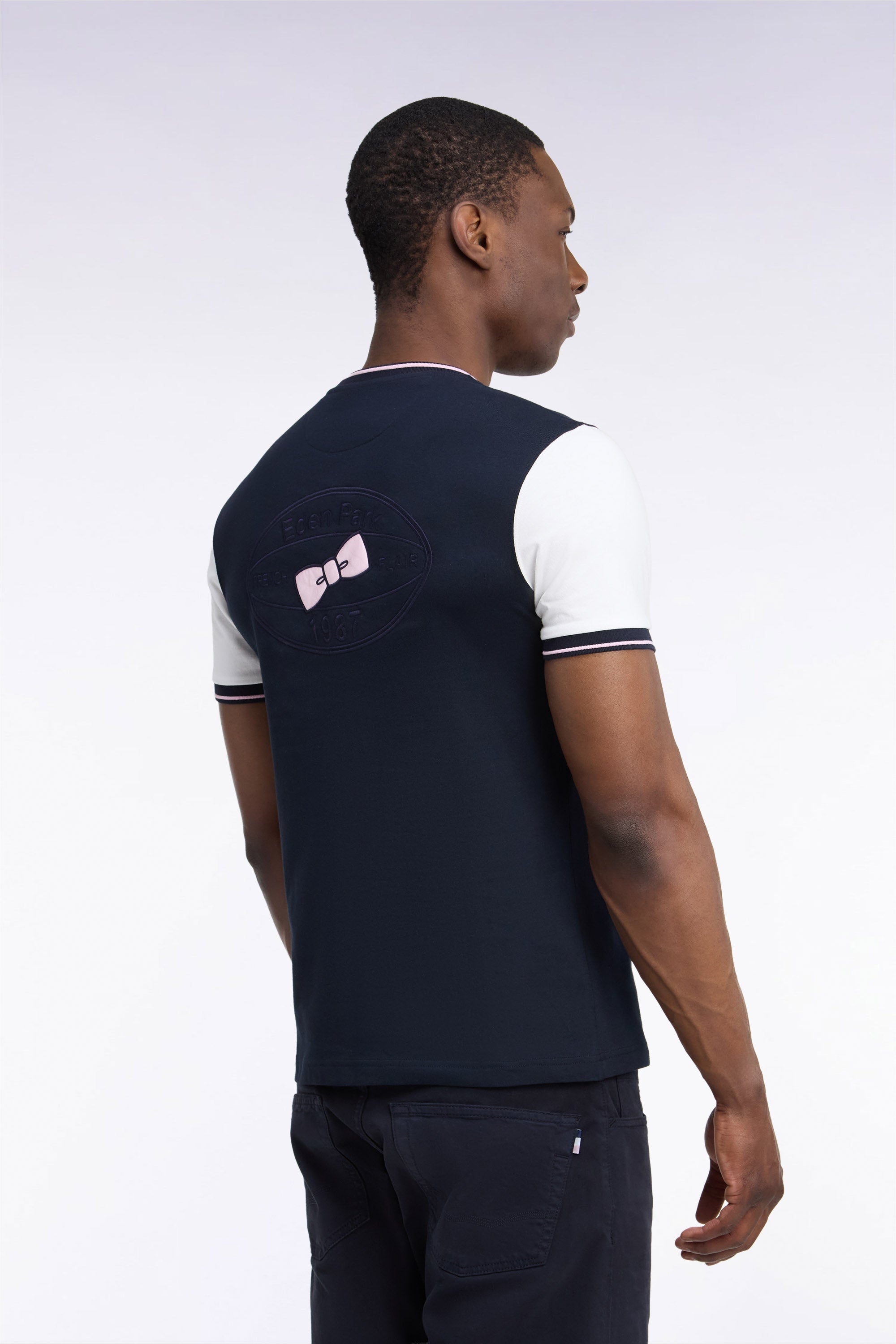 T-Shirt kurze Ärmel Marineblau mit manches écrues gerade Passform