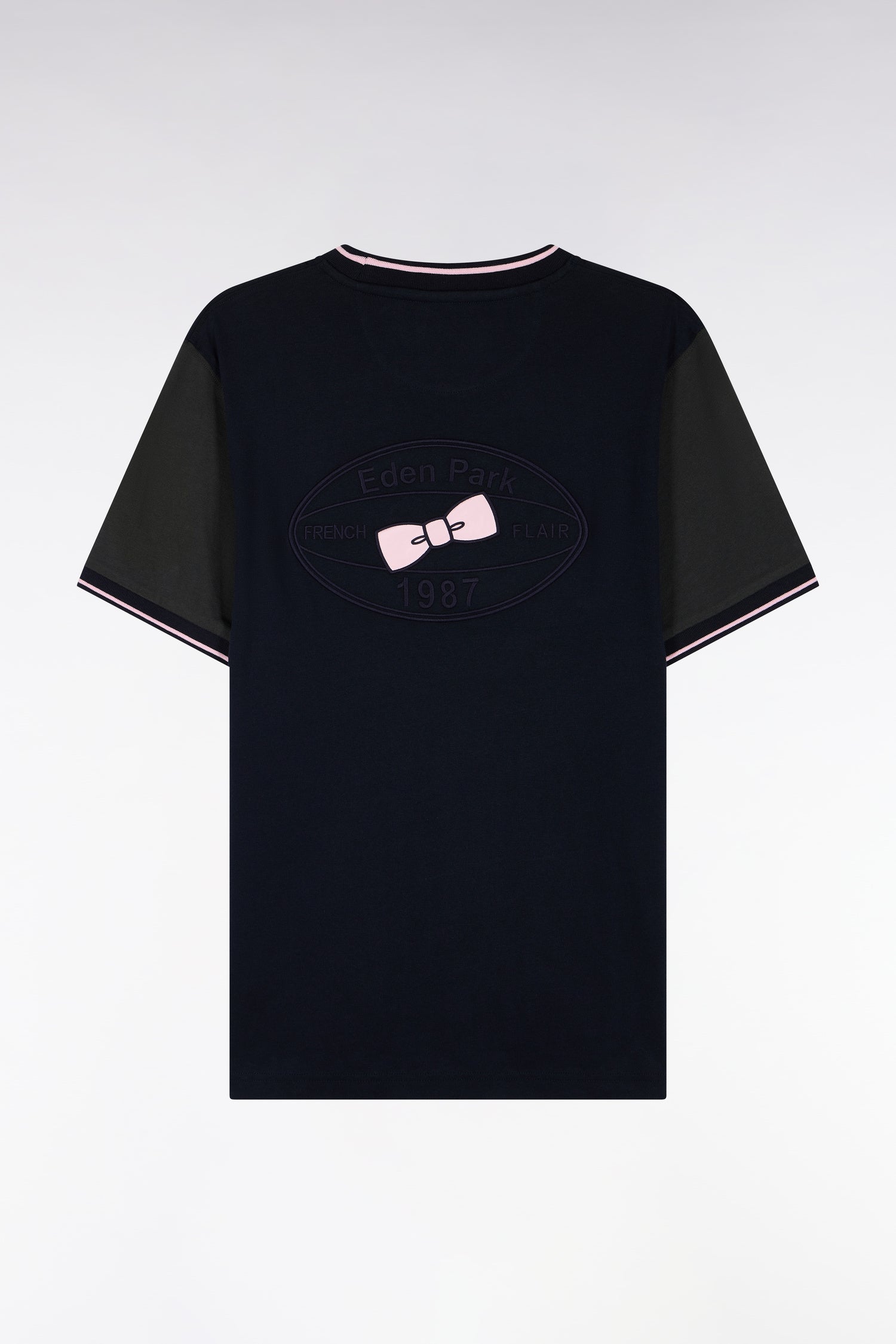 T-Shirt kurze Ärmel Marineblau mit manches Braun gerade Passform