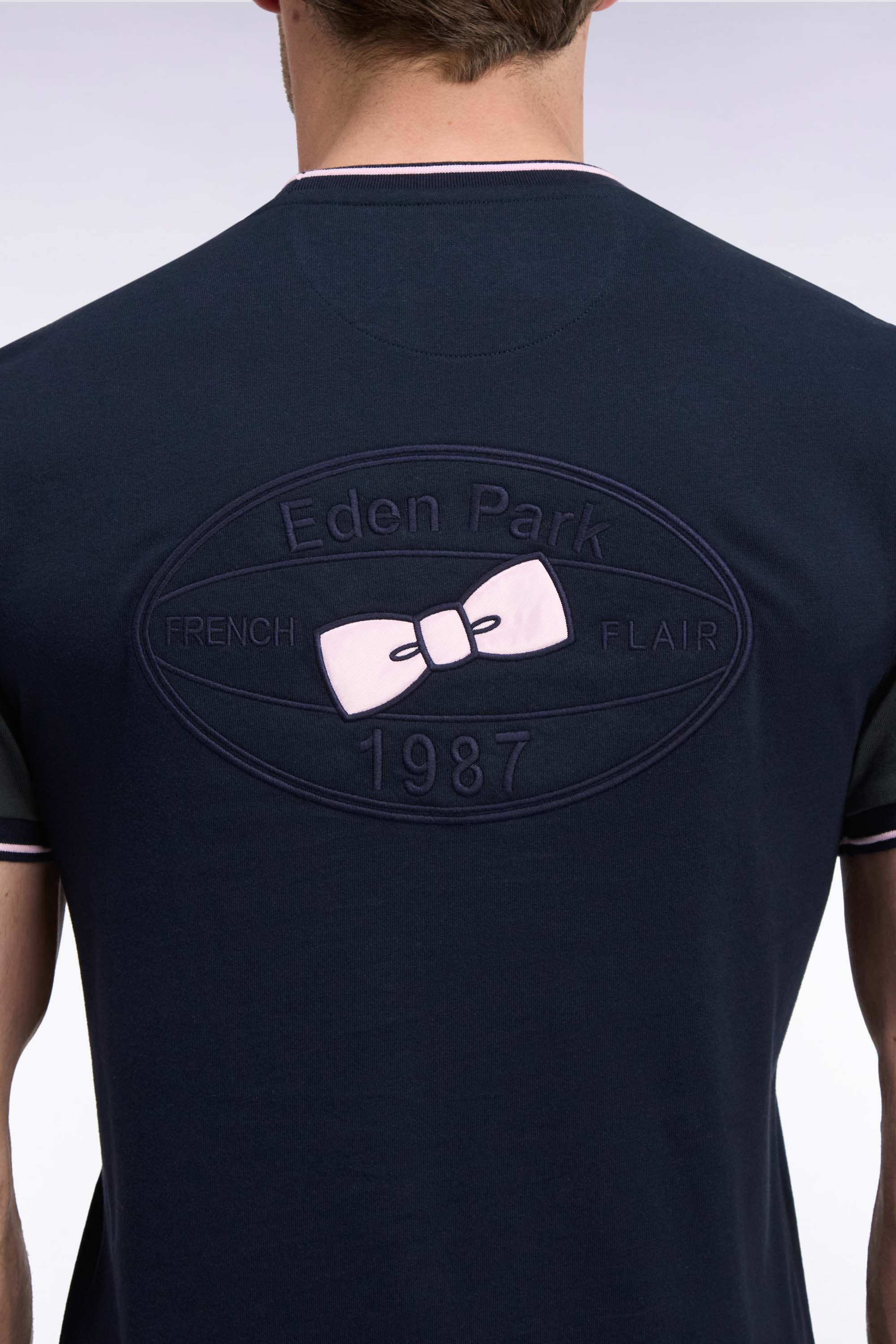 T-Shirt kurze Ärmel Marineblau mit manches Braun gerade Passform