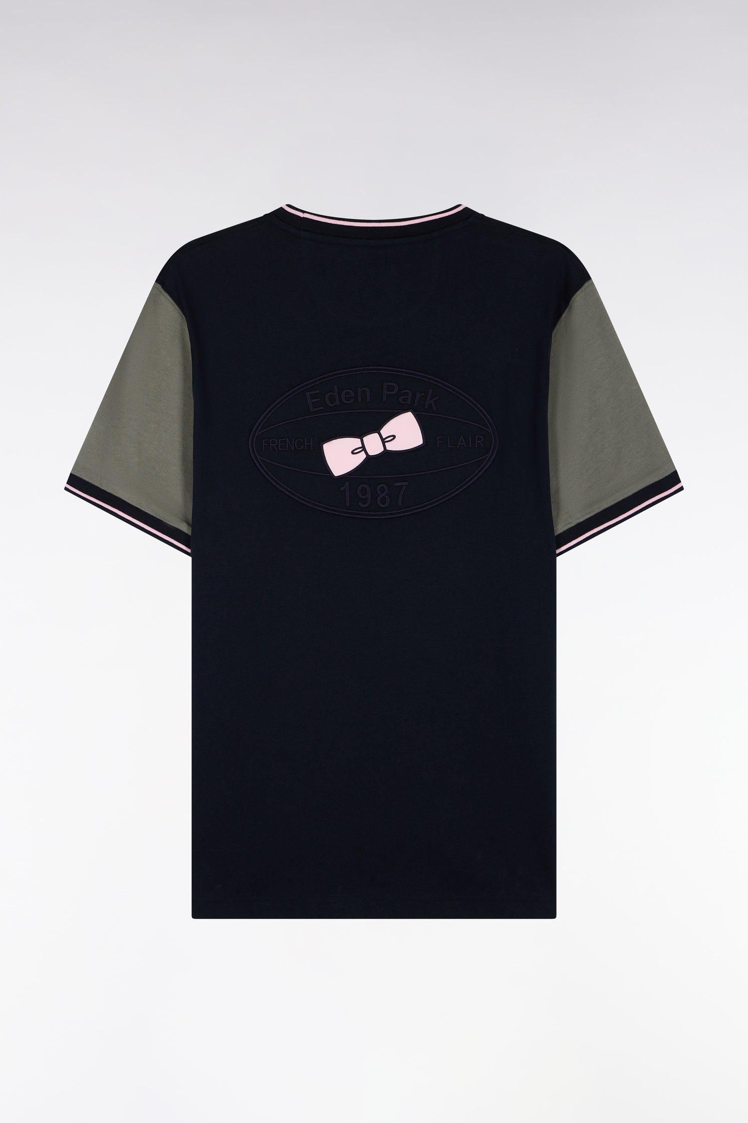 T-shirt manches courtes marine à manches vert olive coupe droite