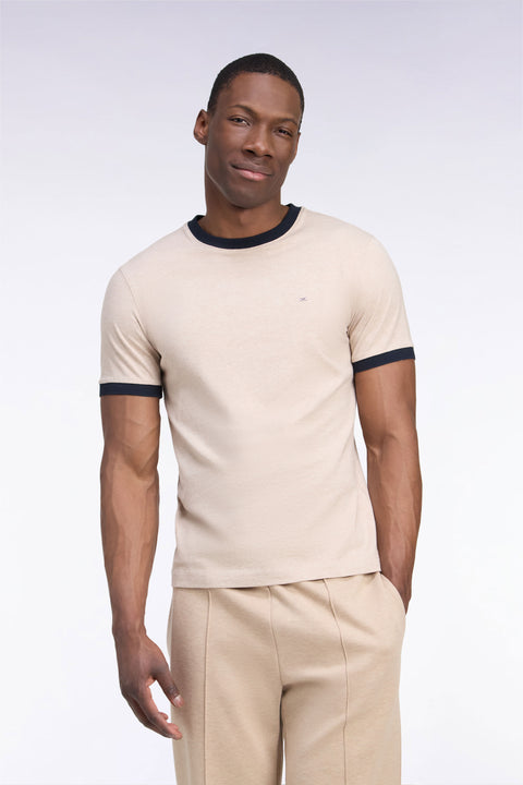 T-shirt manches courtes en coton beige bords-côtes marine coupe droite - Image 3