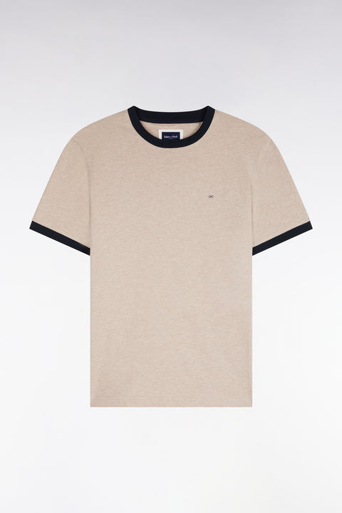 T-shirt manches courtes en coton beige bords-côtes marine coupe droite - Image 2