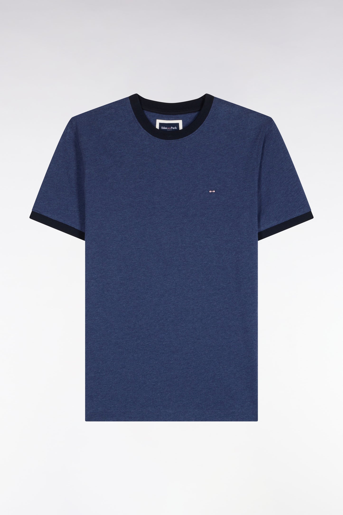 T-shirt manches courtes en coton bleu bords-côtes marine coupe droite