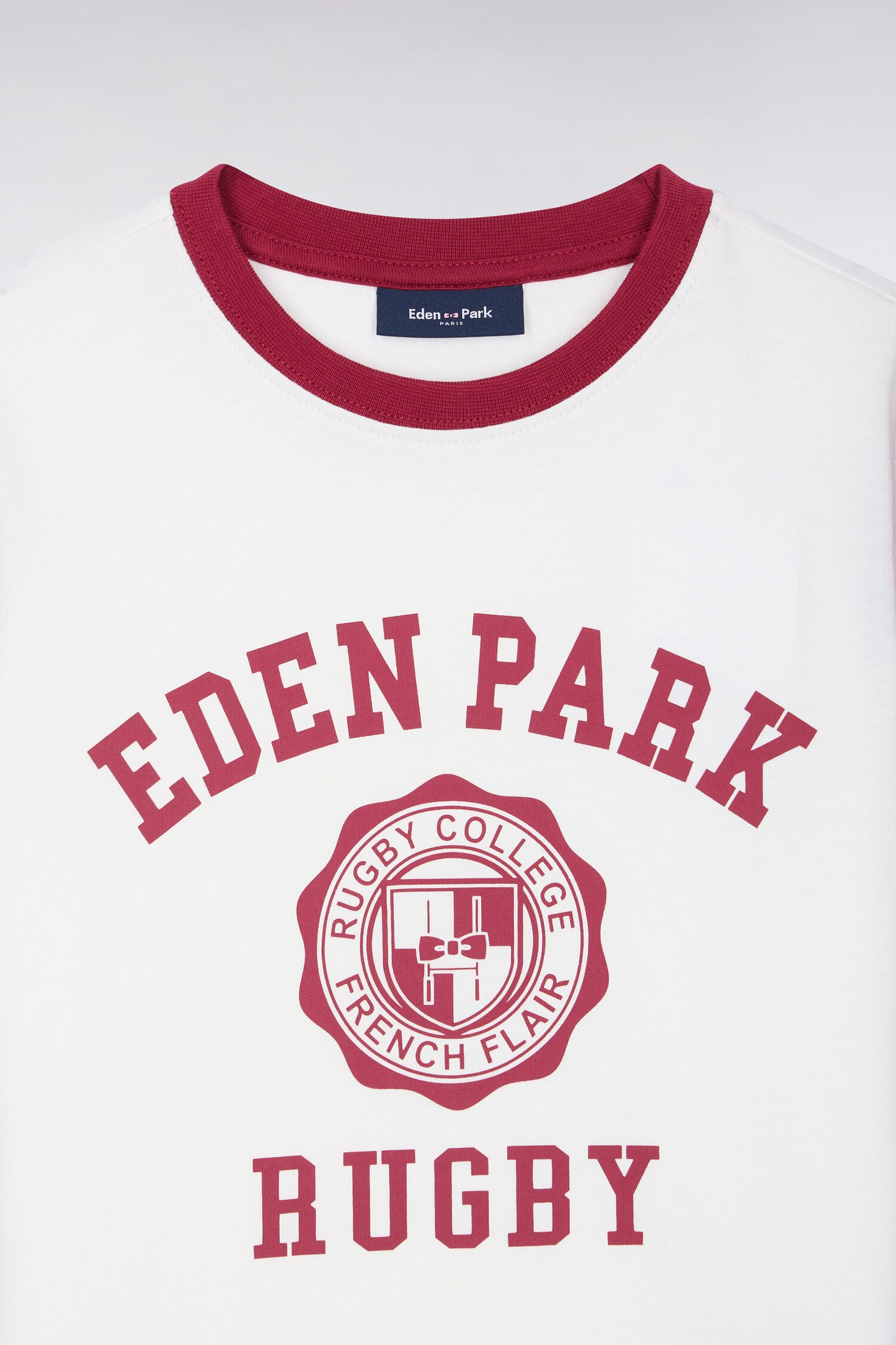 T-shirt manches courtes en coton écru sérigraphie rugby rouge coupe droite