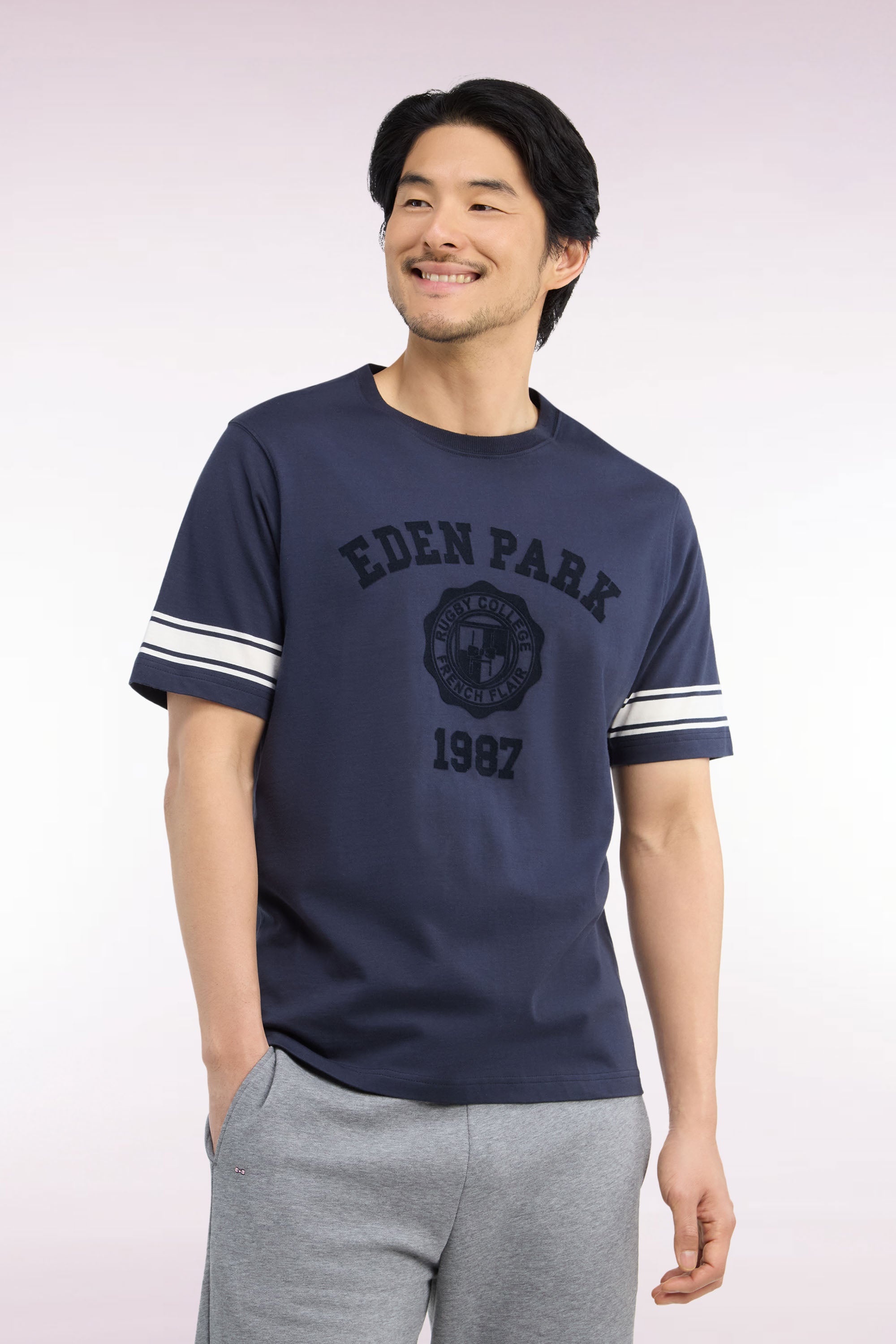 camiseta de manga corta en algodón azul marino sérigraphié corte recto