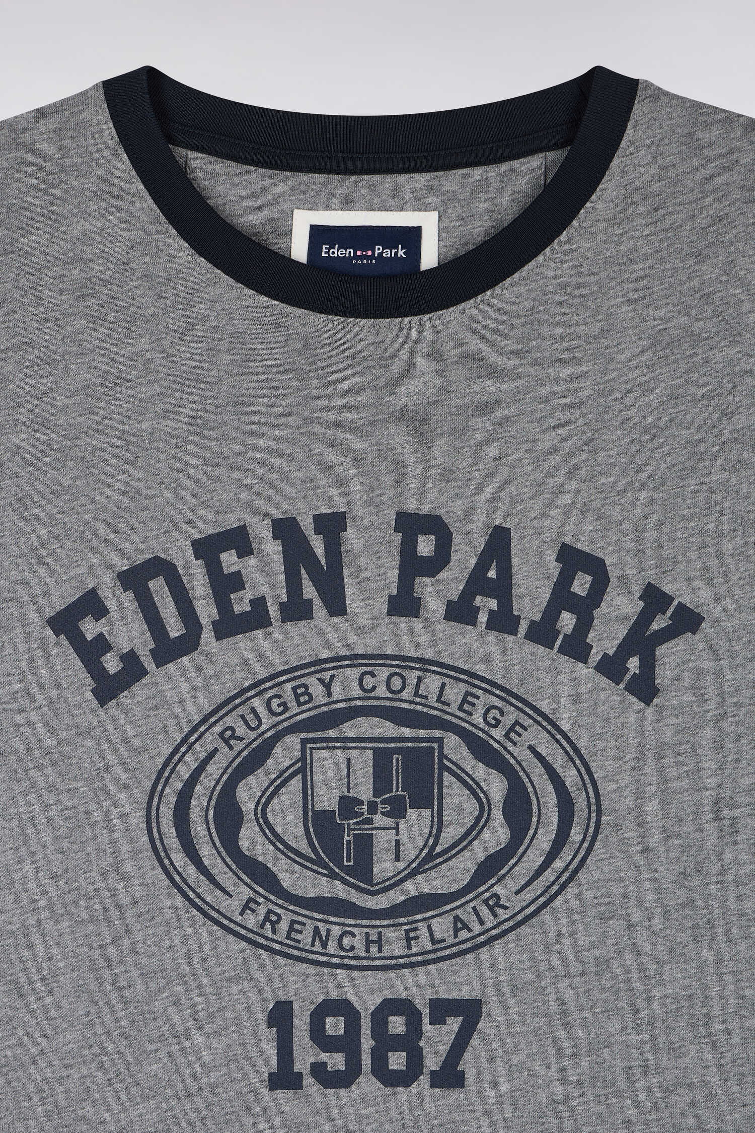 T-shirt manches courtes en coton marine et gris sérigraphié coupe droite