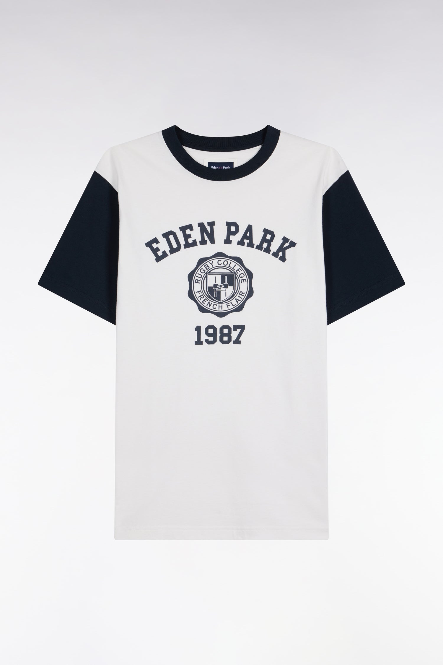 T-shirt manches courtes bicolore en coton écru sérigraphié coupe droite