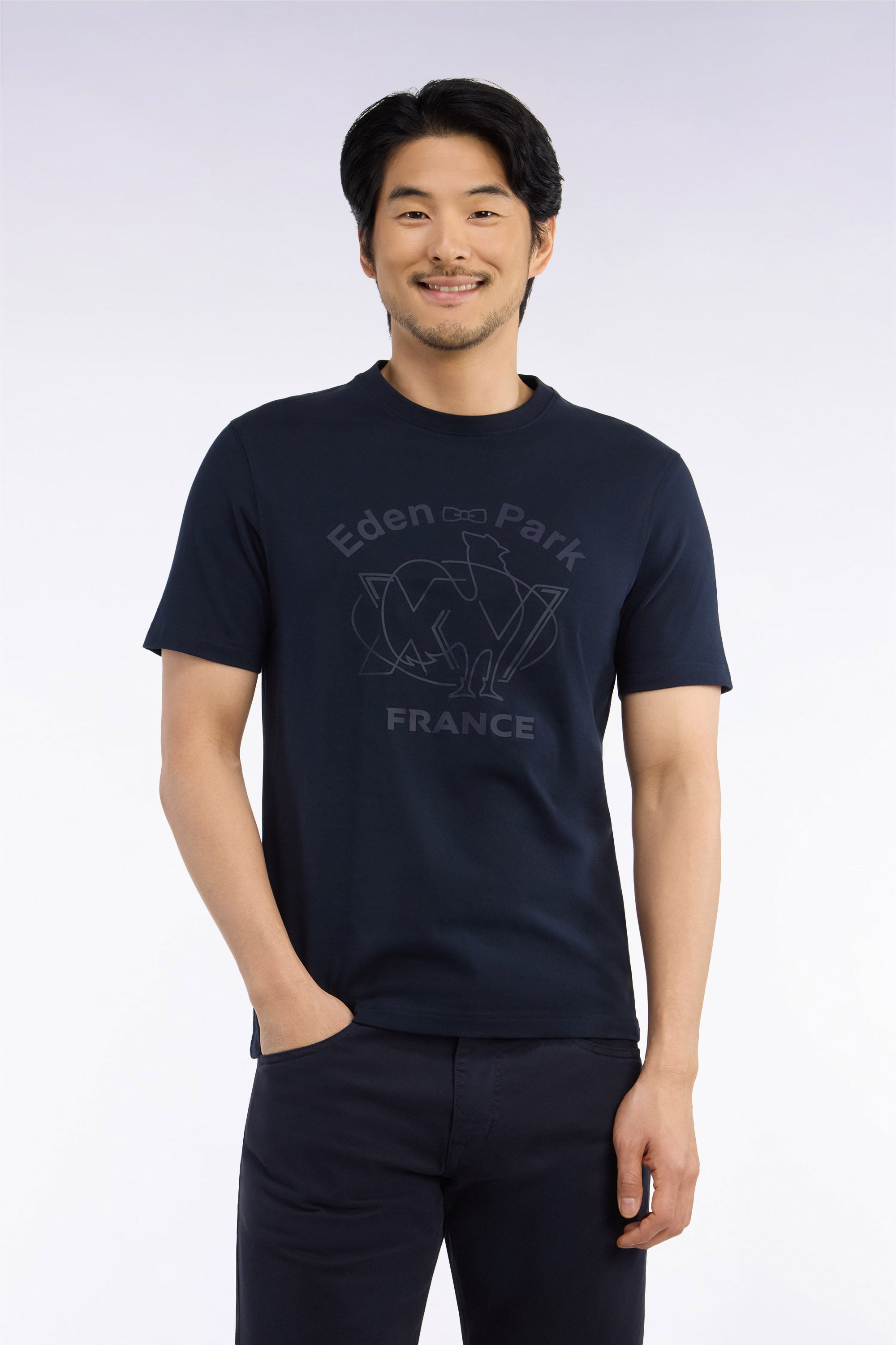 T-shirt manches courtes en coton marine sérigraphie XV de France coupe droite