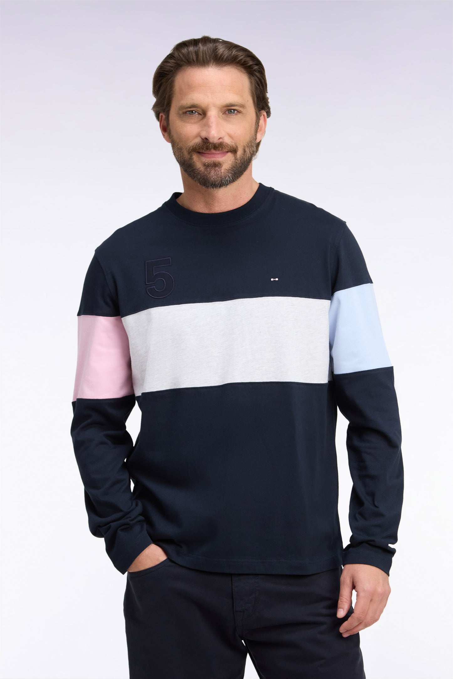 T-shirt manches longues en coton marine à découpes coupe droite
