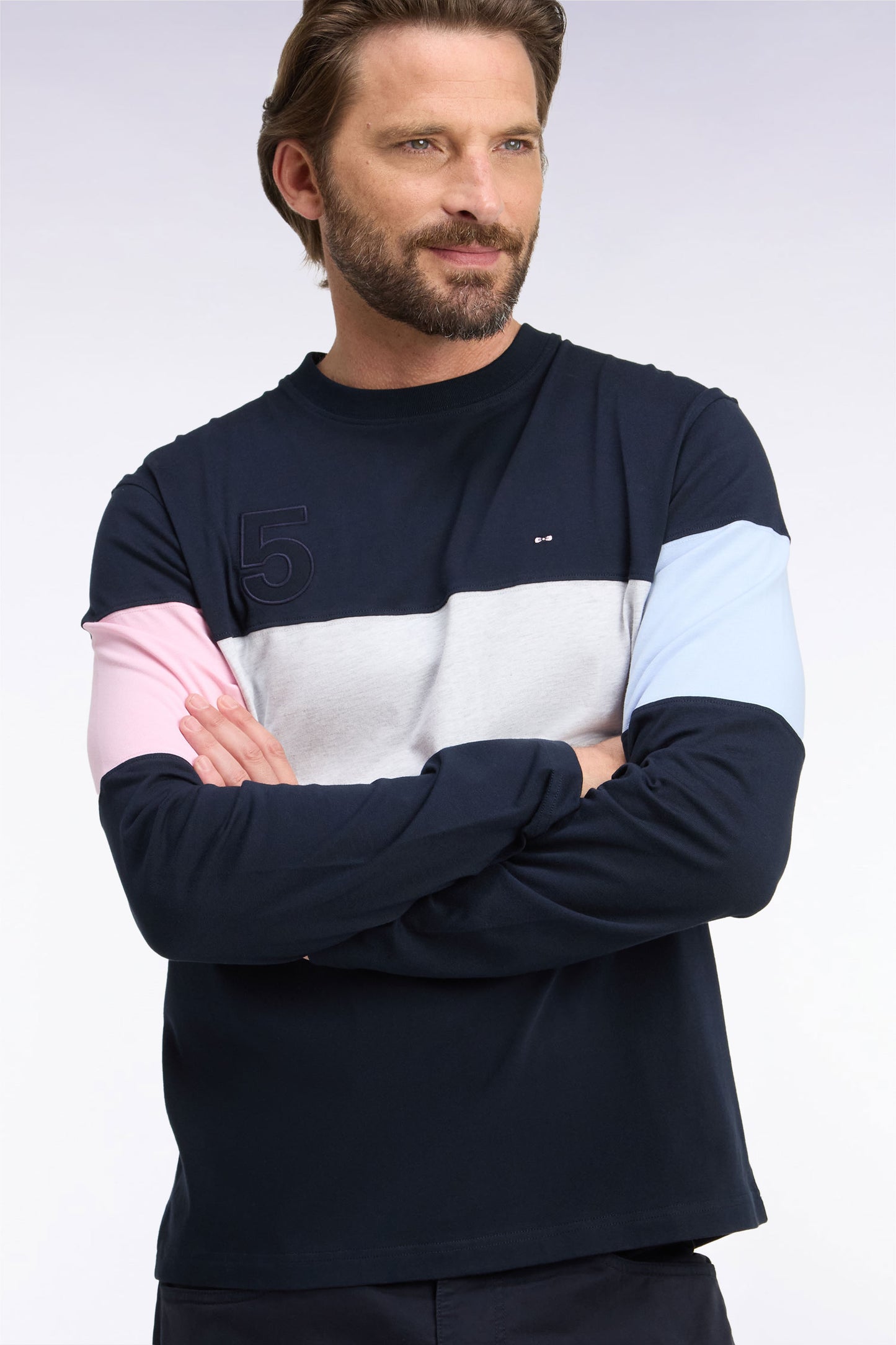 T-shirt manches longues en coton marine à découpes coupe droite