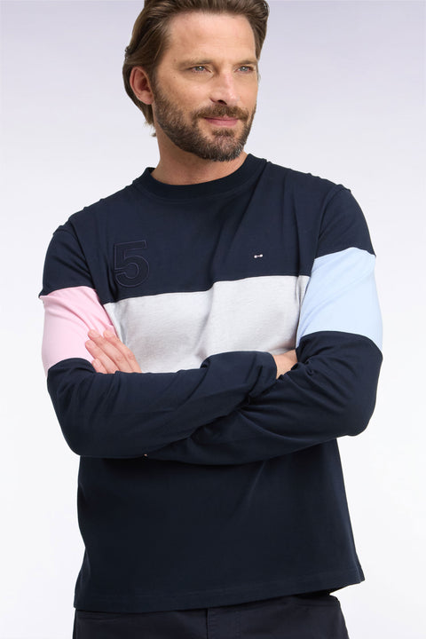T-shirt manches longues en coton marine à découpes coupe droite - Image 1