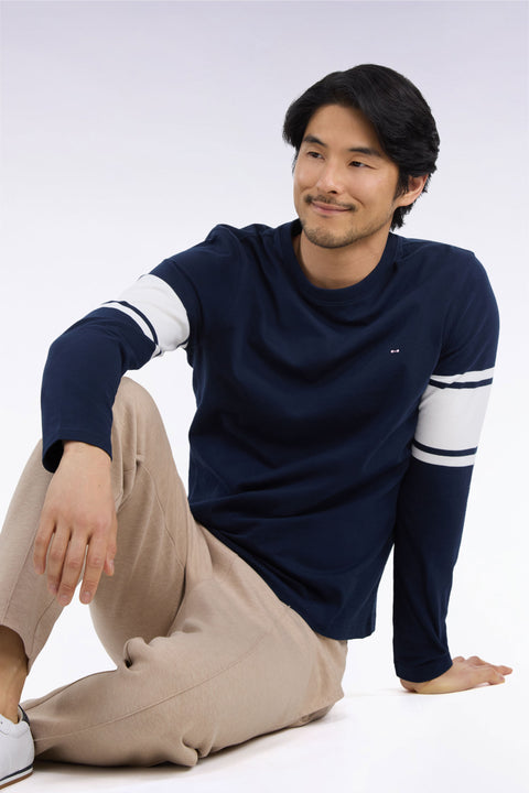 T-shirt manches longues en coton peigné marine coupe droite - Image 1
