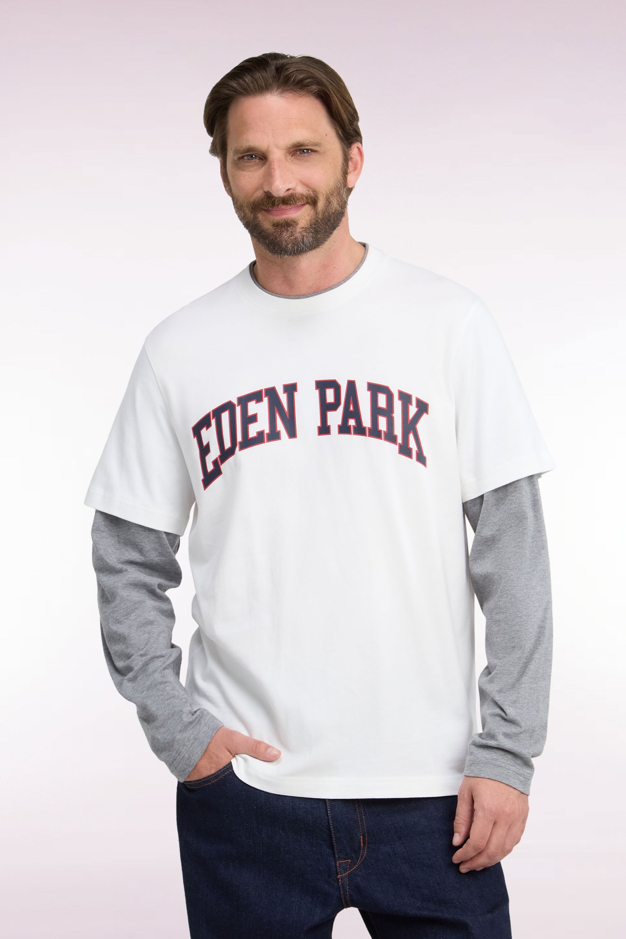 T-shirt manches longues effet superposition en coton peigné écru coupe droite