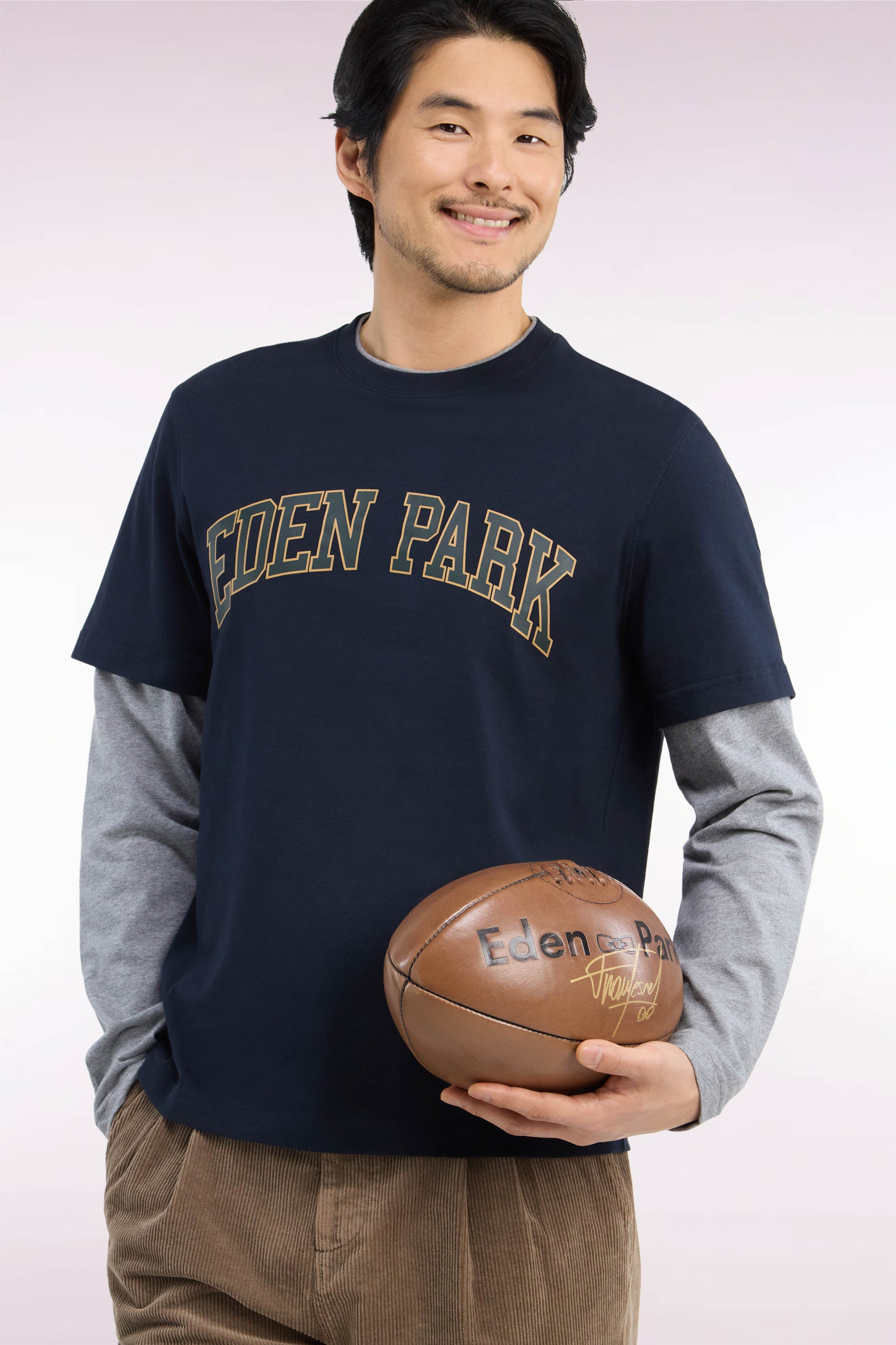 camiseta manga larga effet superposition de algodón peigné azul marino corte recto