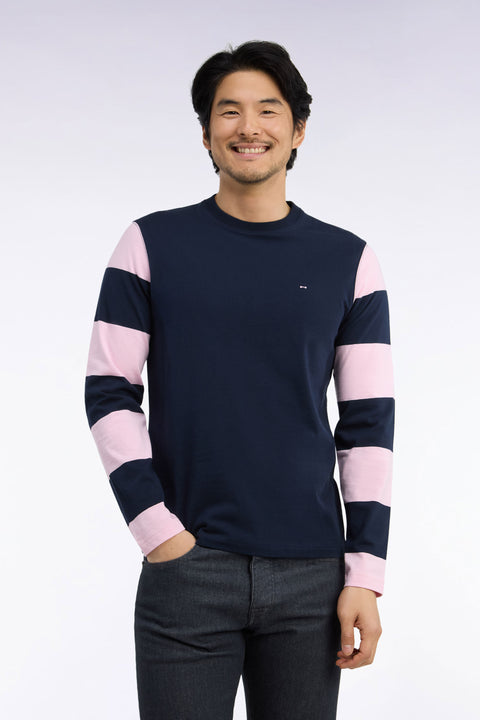 T-shirt manches longues en coton marine à manches rayées coupe droite - Image 3