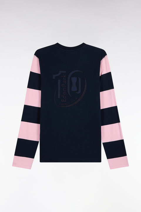 T-shirt manches longues en coton marine à manches rayées coupe droite - Image 2