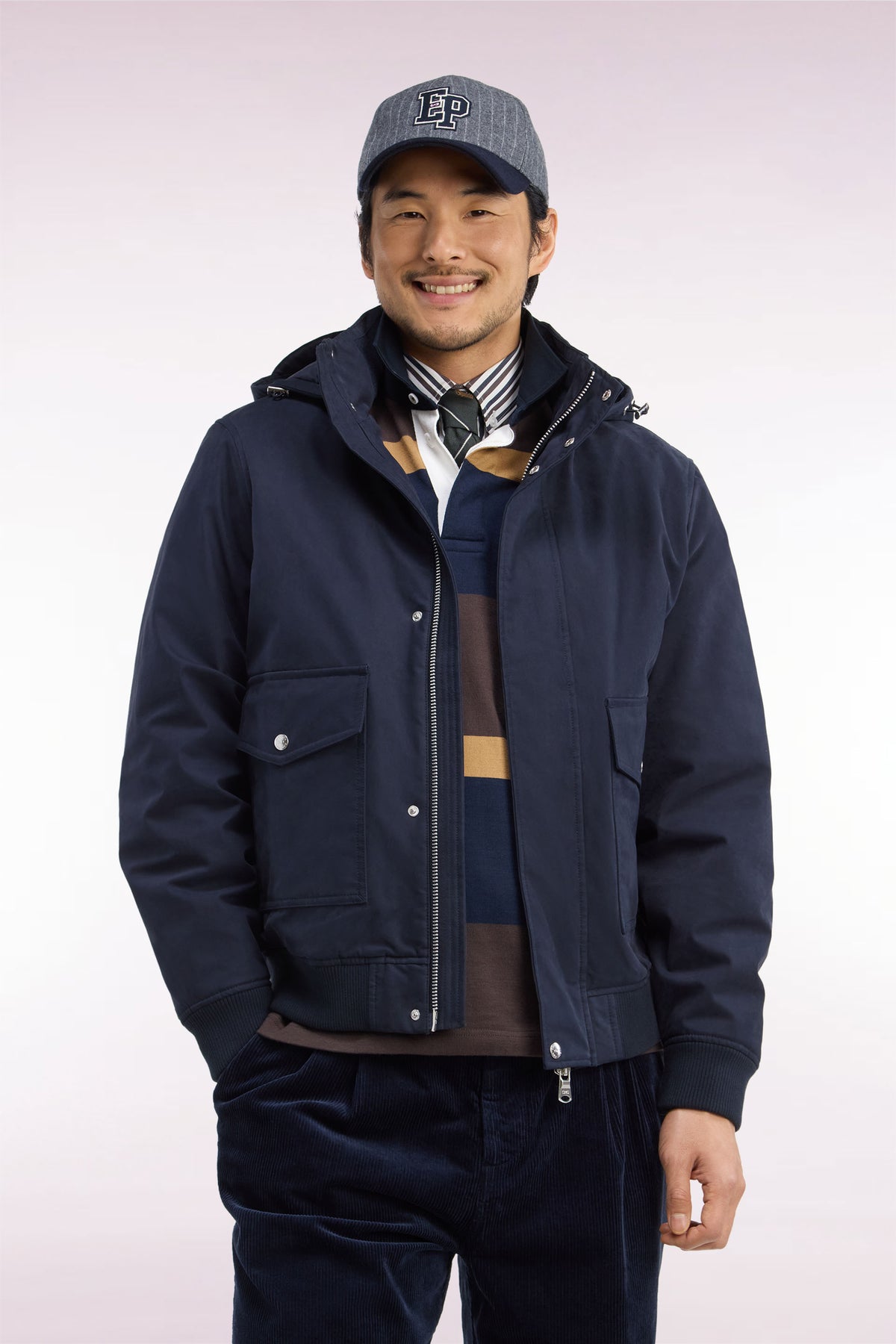 Blouson bimatière marine à capuche amovible coupe droite