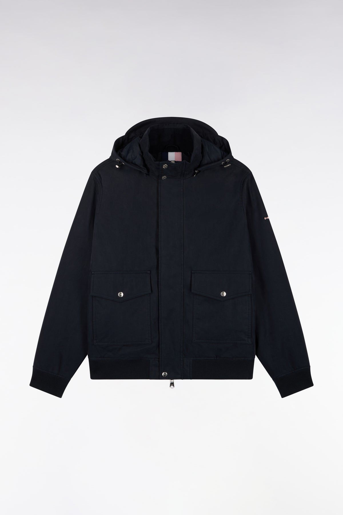 Blouson bimatière marine à capuche amovible coupe droite