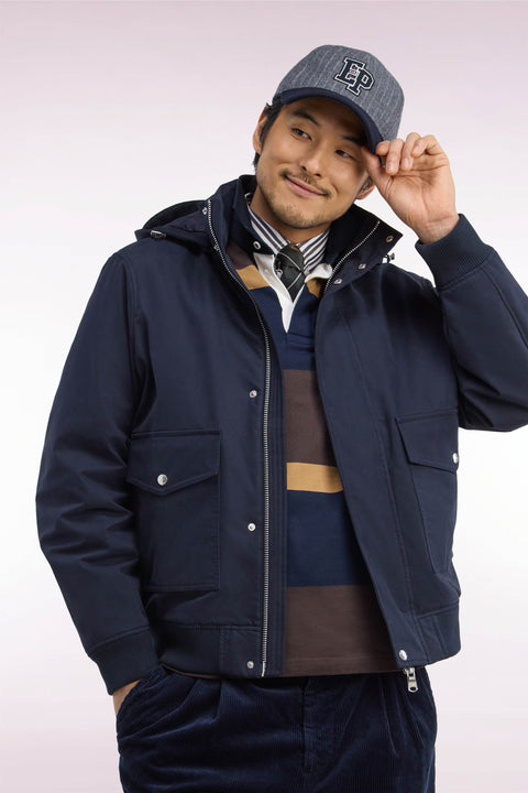 Blouson bimatière marine à capuche amovible coupe droite - Image 1