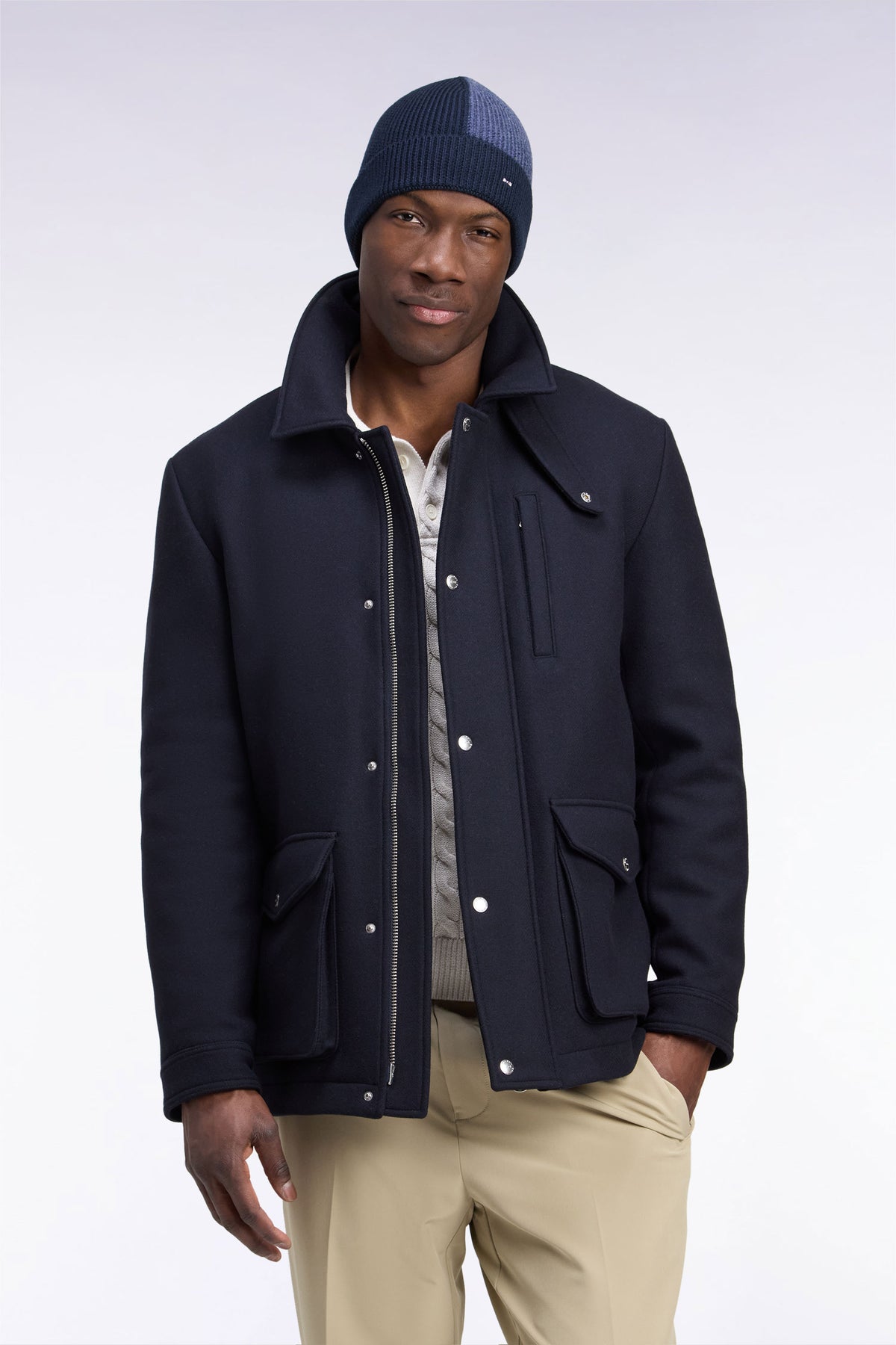 Parka courte en flanelle marine coupe droite
