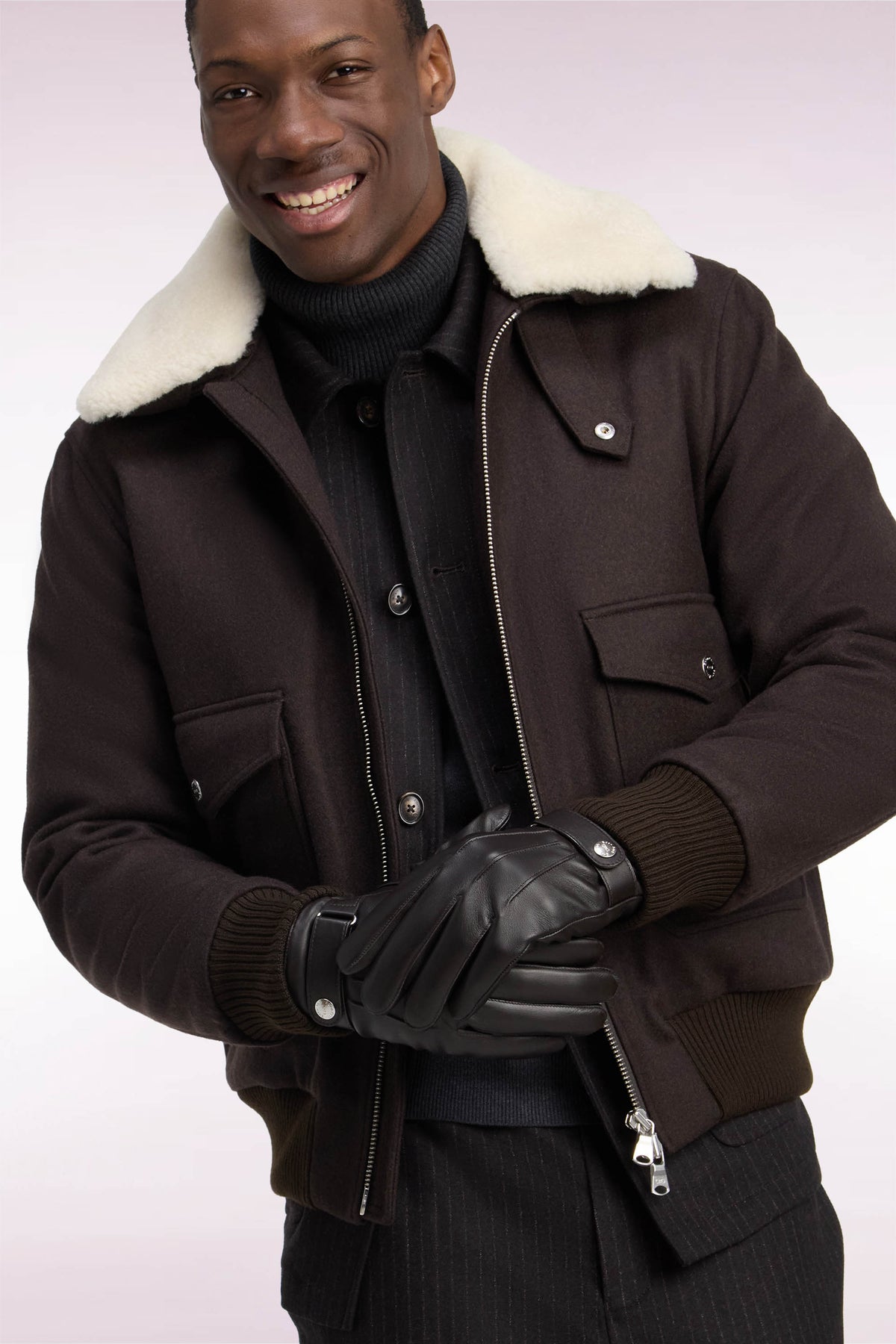 Brown knit jacket with shearling collar