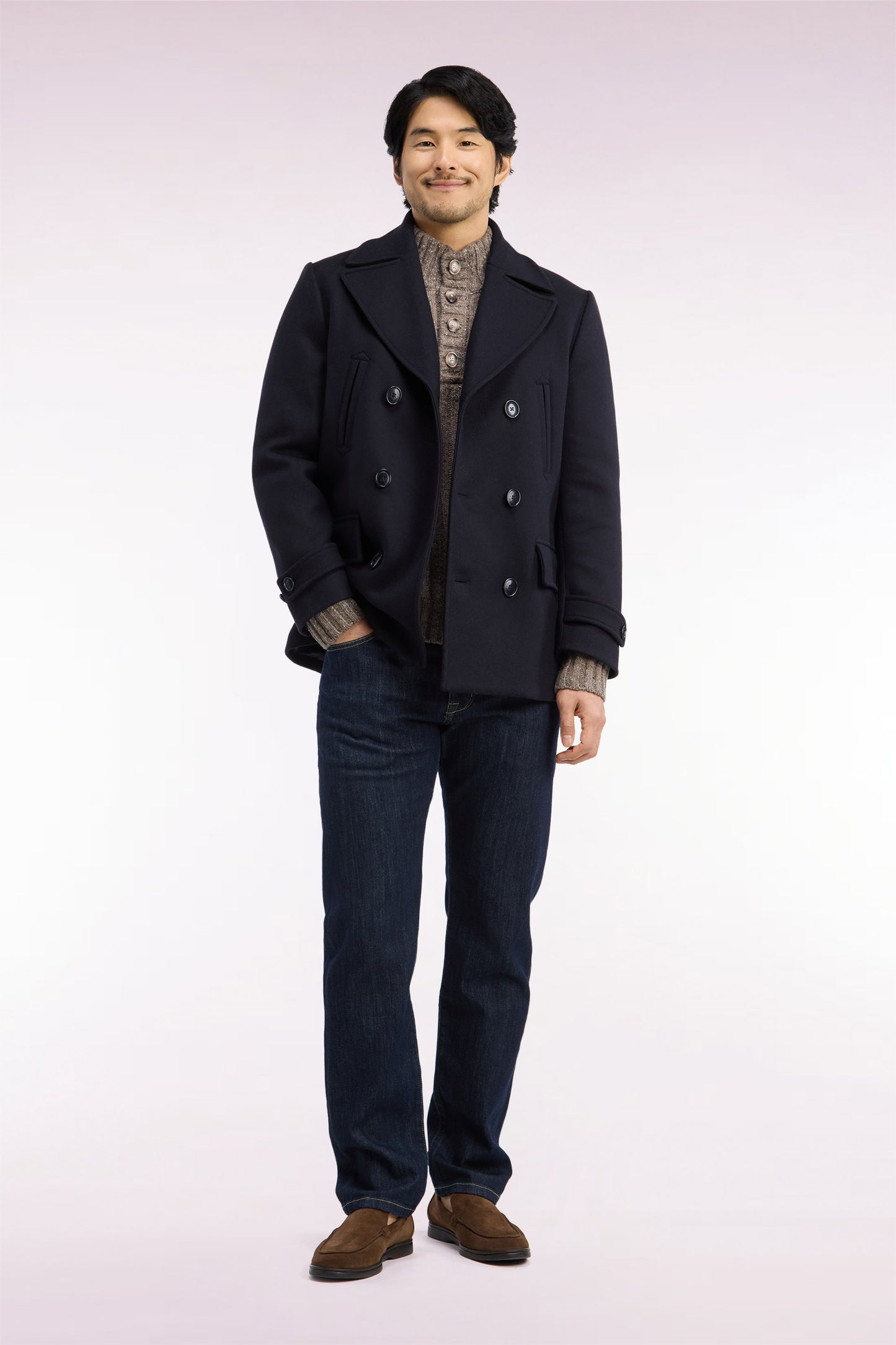 Manteau cabas double boutonnage en lainage marine coupe droite