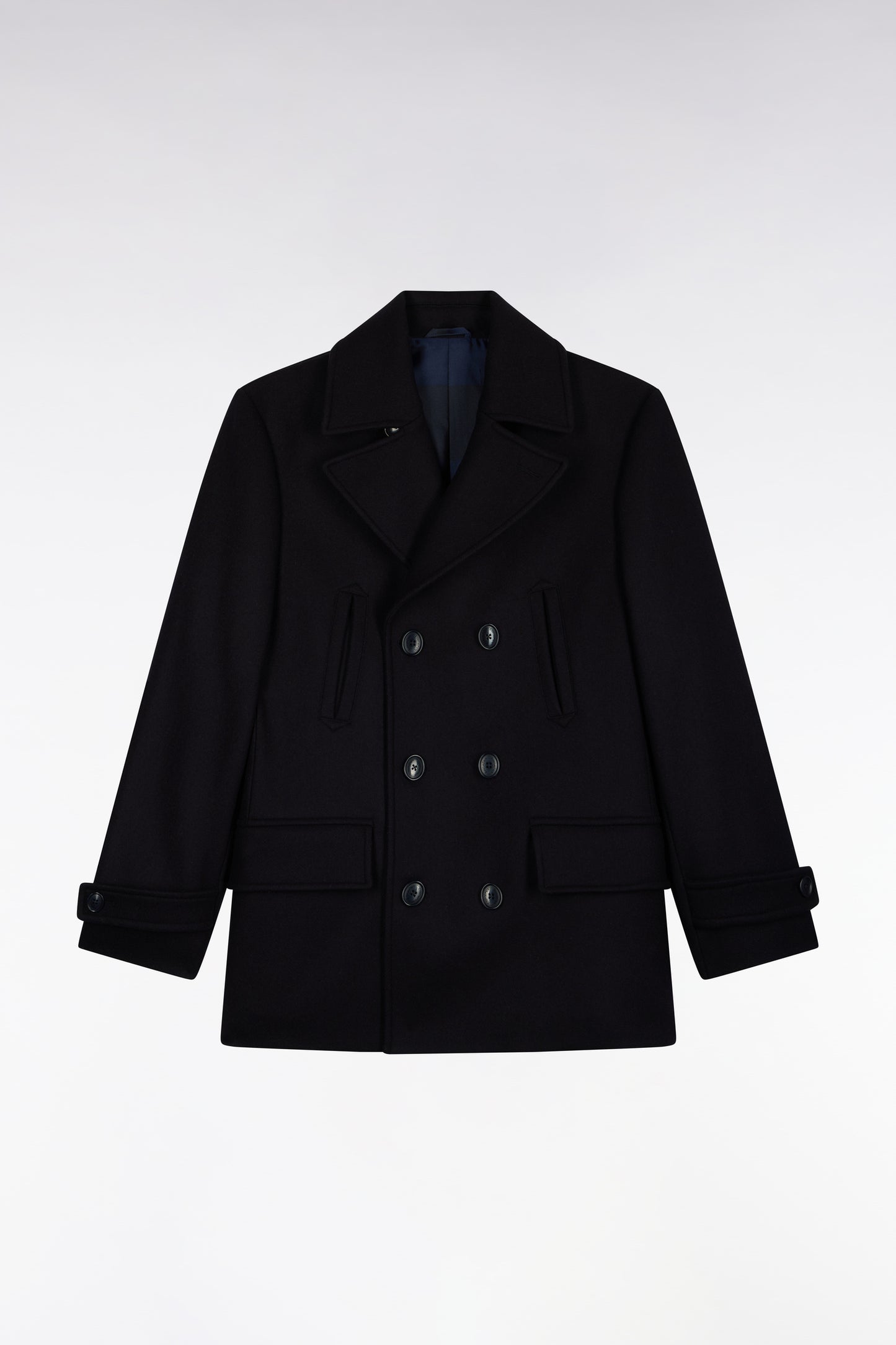 Manteau cabas double boutonnage en lainage marine coupe droite