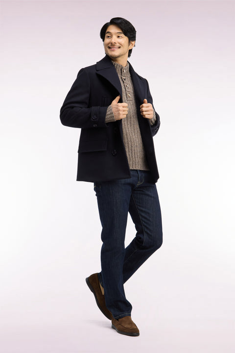 Manteau cabas double boutonnage en lainage marine coupe droite - Image 1
