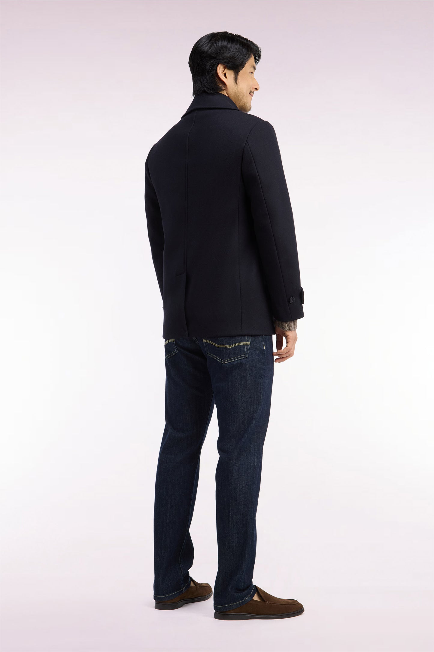 Manteau cabas double boutonnage en lainage marine coupe droite