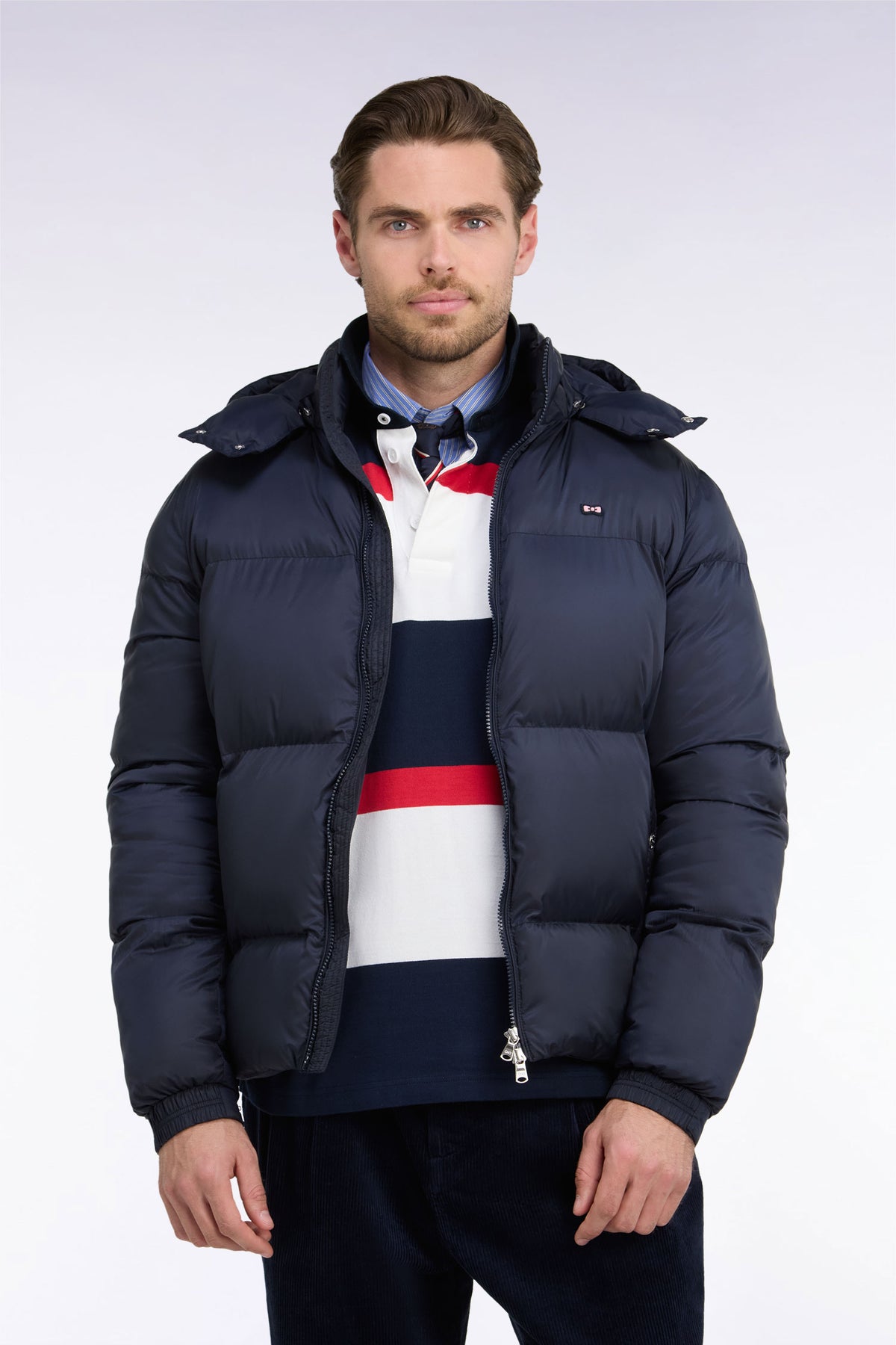 Doudoune en nylon marine à capuche amovible