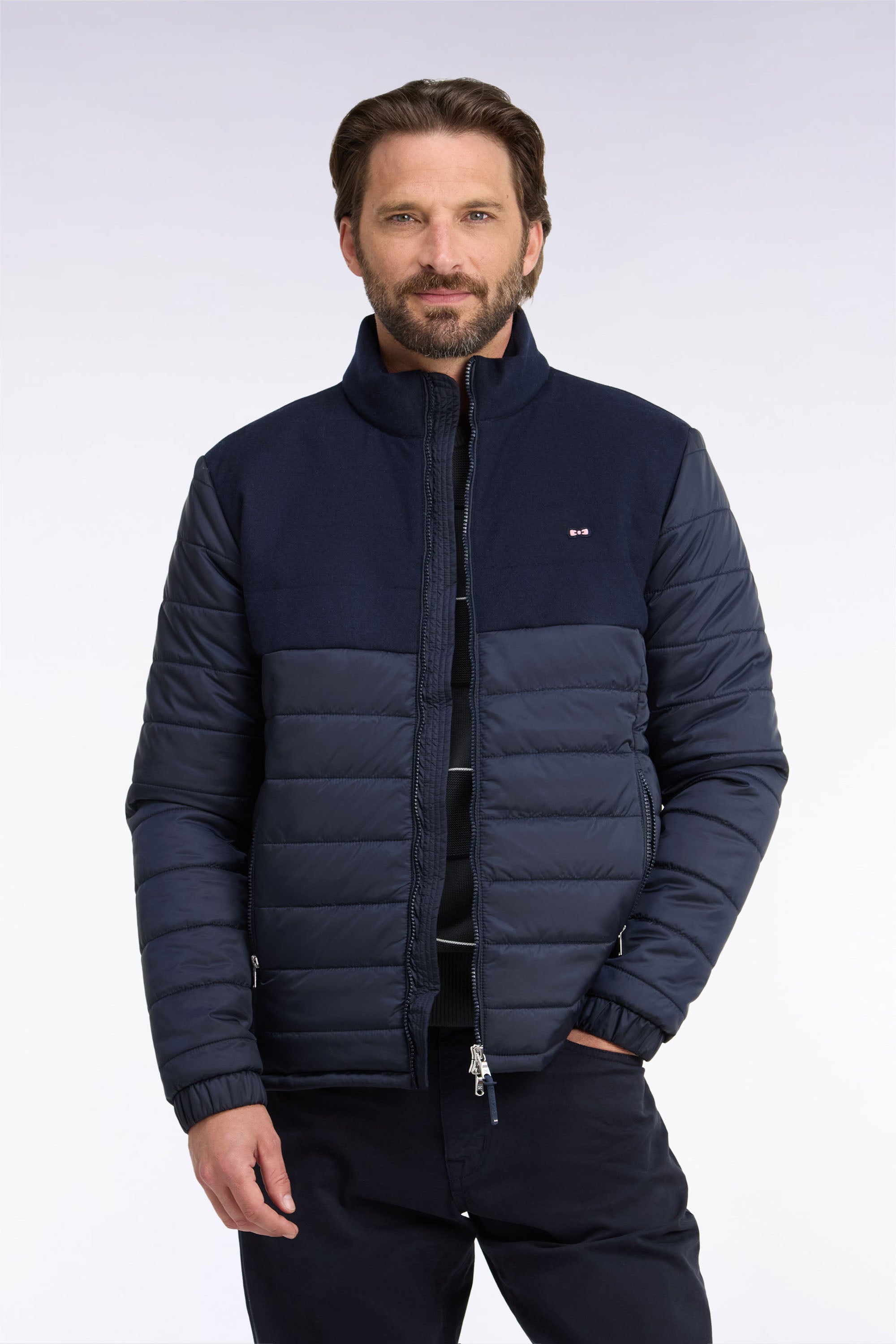 Doudoune bimatière en nylon et flanelle marine