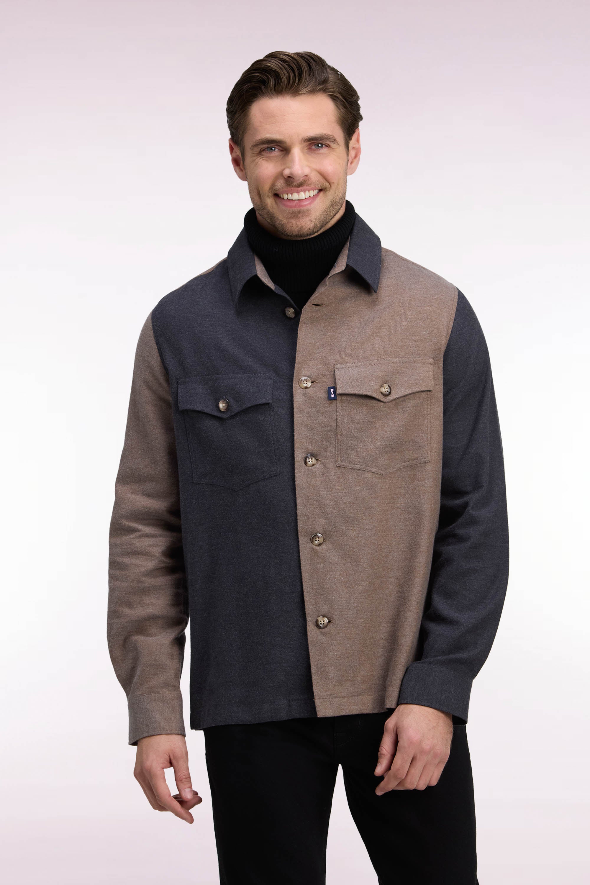 Surchemise in cotton two-tone camel and khaki straight fit