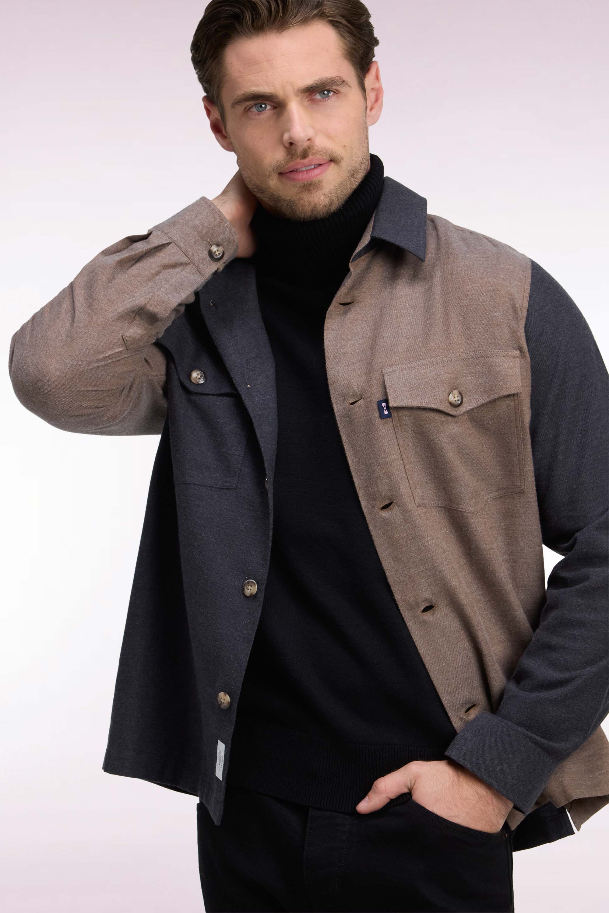 Surchemise in cotton two-tone camel and khaki straight fit