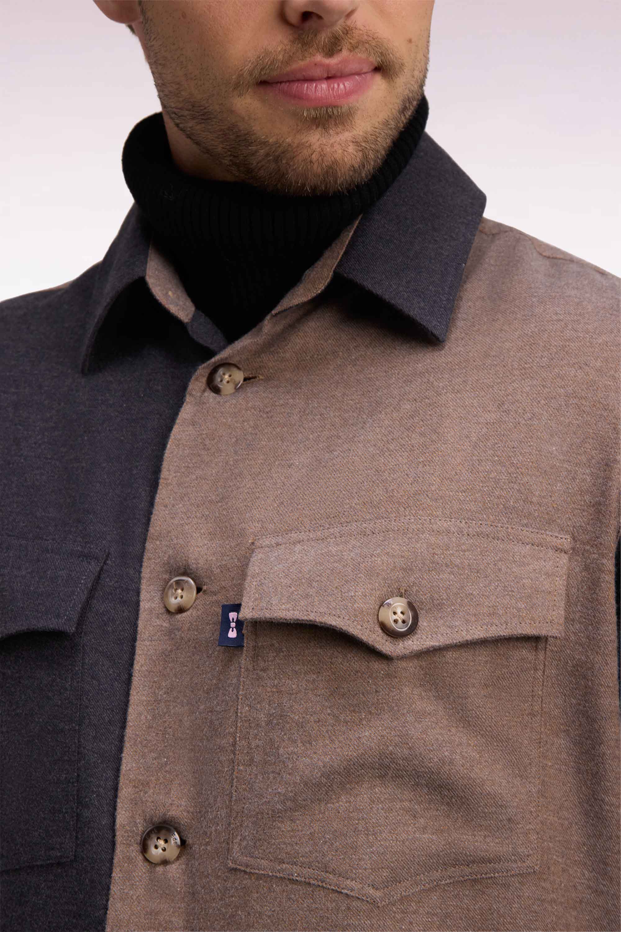 Surchemise in cotton two-tone camel and khaki straight fit