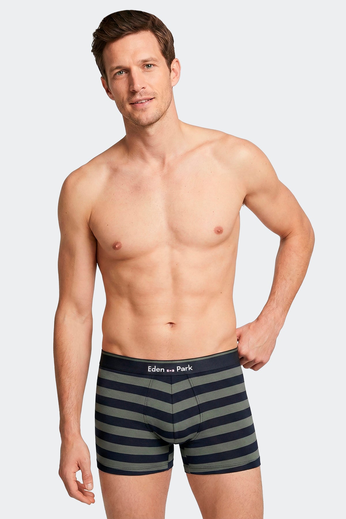 Lot de 2 boxers en jersey de coton stretch unis et rayés marine et kaki