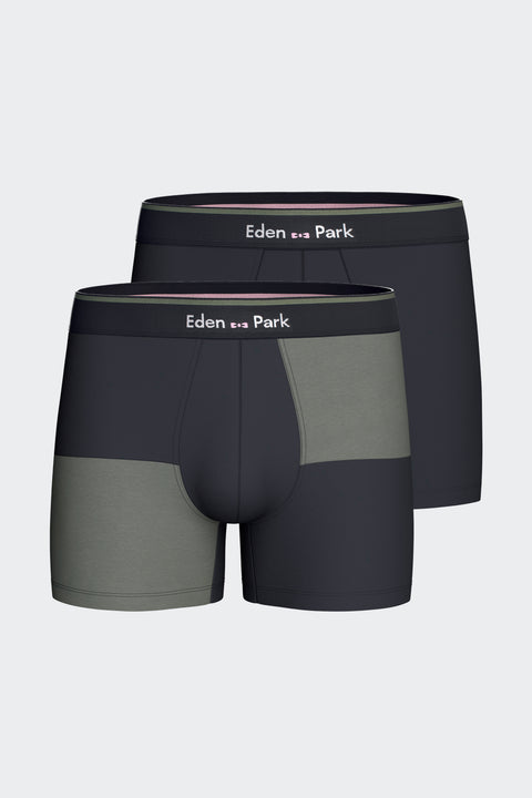 Lot de 2 boxers en jersey de coton stretch unis et damiers marine et kaki - Image 1