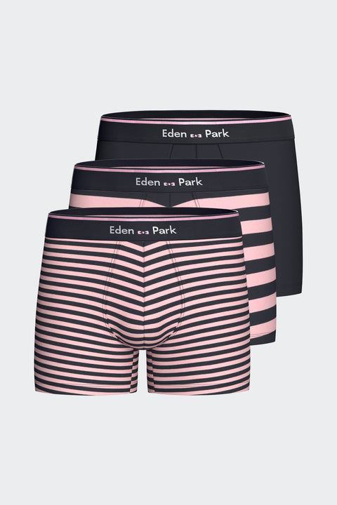 Lot de 3 boxers en jersey de coton stretch unis et rayés marine et rose - Image 1