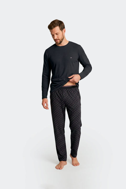 Ensemble pyjama long en coton T-shirt uni marine et pantalon imprimé nœuds papillon - Image 2